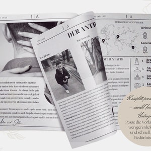 Gestaltete Beispielseiten der Hochzeitszeitung mit Texten und Layoutvorschlägen, editierbar für jede Hochzeit.