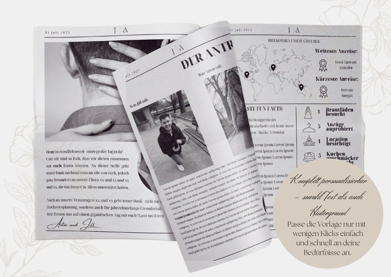 Gestaltete Beispielseiten der Hochzeitszeitung mit Texten und Layoutvorschlägen, editierbar für jede Hochzeit.