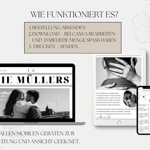 Digitale Vorschau der Hochzeitszeitung auf Laptop und Smartphone – zeigt, dass die Vorlage online bearbeitet und digital geteilt werden kann.