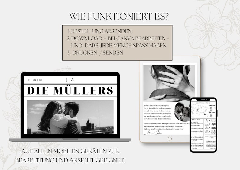 Digitale Vorschau der Hochzeitszeitung auf Laptop und Smartphone – zeigt, dass die Vorlage online bearbeitet und digital geteilt werden kann.