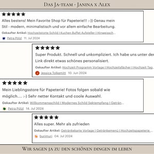 Erfahrungsberichte zufriedener Käufer – Canva Hochzeitsschilder minimalistisch modern