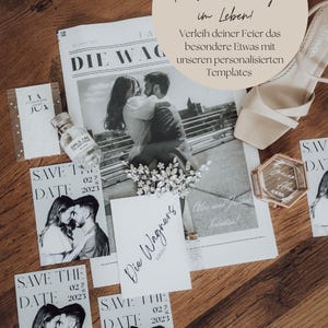 Übersicht weiterer Canva Hochzeitsvorlagen – Save-the-Date, Sitzplan, Menükarte im passenden Stil