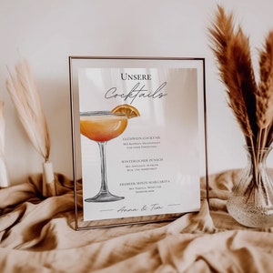 Modello di menu bar I Cocktail di nozze I Biglietto da cocktail I Stand I Insegna per bevande I Decorazione di nozze personalizzata - Modello su tela A4