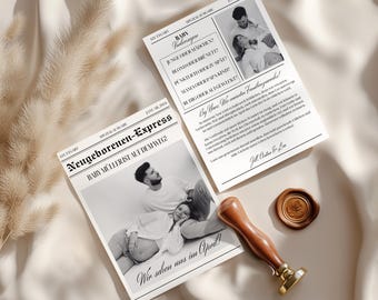 Baby Zeitung Vorlage zur Schwangerschaft - Personalisierte Schwangerschaftsverkündung im Magazin-Stil - Canva Vorlage A5