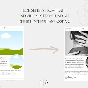 Illustration der Anpassung in Canva – zeigt, wie Text, Schriftart und Fotos in der Hochzeitszeitung individuell geändert werden können.