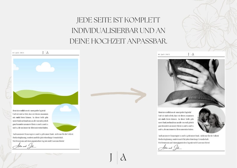 Illustration der Anpassung in Canva – zeigt, wie Text, Schriftart und Fotos in der Hochzeitszeitung individuell geändert werden können.