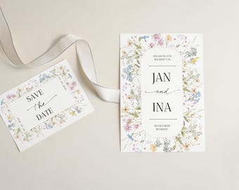 Wedding Invitation & Save the Date Card Set - Floral Wedding Stationery - Flowery Wedding Invitation - Canva Template A6