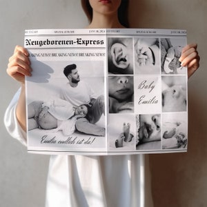 Journal d'annonce de grossesse I magazine bébé I annonce de bébé I magazine naissance I annonce de naissance sous forme de journal - Modèle Canva