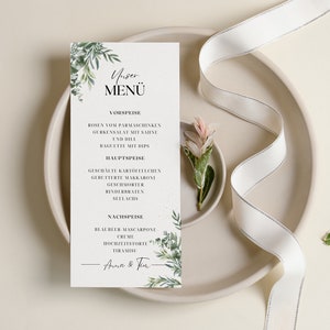 Hochzeitsmenü Vorlage I Menükarte Eukalyptus I Hochzeitspapeterie I personalisierte Hochzeitsdeko I DIY Hochzeit Menü grün - Canva Vorlage