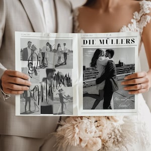 Plantilla de periódico de bodas - Revista de bodas personalizable - Revista de bodas personalizada - Plantilla de Canva para programa de bodas