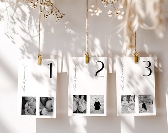 May include: Three white cards with black numbers 1, 2, and 3, hanging from twine with gold clips. Each card has the text "Alex & Gemma,  mt" and a black and white photo of children.
