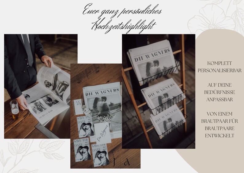 Fotocollage mit verschiedenen Hochzeitszeitungen in moderner Optik – inspiriert durch Magazin-Designs und personalisierte Layouts