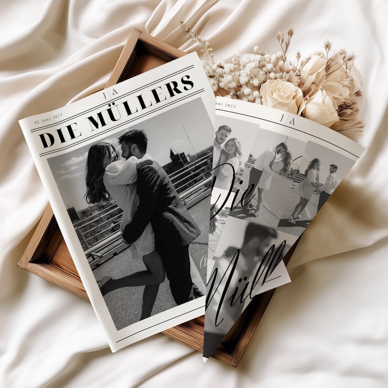Zwei Hochzeitszeitungen im modernen Zeitungsstil mit individuellen Seiten und Schwarz-Weiß-Fotografie – edles Geschenk zur Hochzeit