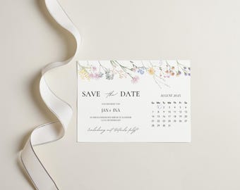 Save the Date Wedding Card - Floral Invitation & Wedding Stationery - Floral Card with Date - Canva Template A6