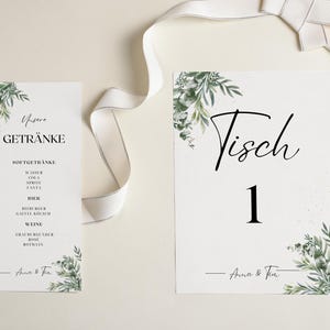 Plan de asientos para bodas + Juego de tarjetas de menú I Paquete I Menú de bodas de eucalipto I Orden de asientos I Números de mesa I Menú de bebidas Boda - Plantilla Canva