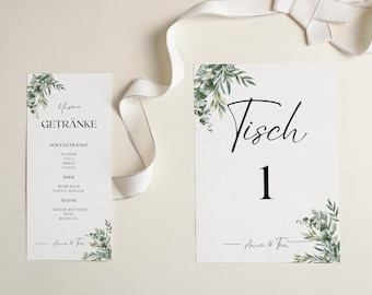 Hochzeit Sitzplan + Menükarten Set I Bundle - Eukalyptus Hochzeitsmenü - Sitzordnung - Tischnummern - Getränkemenü - Canva