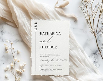 May include: A wedding invitation with a white background and black text. The invitation reads "Katharina and Theodor" and includes the date "Saturday, January 1, 2025".