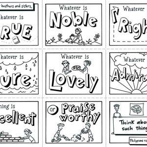 以下が含まれることがあります： 「Whatever is True, Noble, Right, Pure, Lovely, Admirable, If anything is excellent or Praise worthy, Think about such things. Philippians 4:8」というテキストが書かれた、白黒の印刷可能な塗り絵のイラスト。