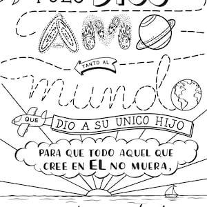 Könnte beinhalten: Schwarz-Weiß-Illustration mit spanischem Text. Das Bild zeigt eine Rakete, Planeten und ein Segelboot. Der Text enthält die Wörter "Dios", "Amó", "Mundo" und "Juan 3:16".