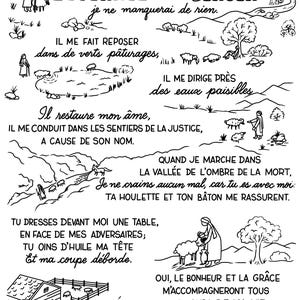 May include: Black and white line art illustration of Psalm 23 in French. The artwork depicts a shepherd with sheep, landscapes, and text. The text includes phrases like "The Lord is my shepherd" and "I shall not want."
