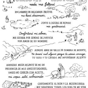 Może przedstawiać: Czarno-biała ilustracja liniowa Psalmu 23 w języku hiszpańskim. Grafika przedstawia pasterza z owcami, krajobrazy i tekst. Tekst zawiera zwroty takie jak "Jehová es mi pastor" i "me hará descansar."
