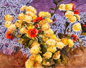 Purple Floral Watercolor Print, Yellow and Red Flower Wall Art, Botanical Artwork, Colorful Flower Decor, Nature Art Print