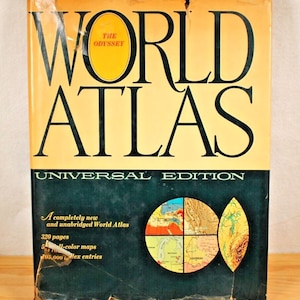 The Odyssey World Atlas: Universal Edition / 1967 hardcover/DJ kleurenkaarten