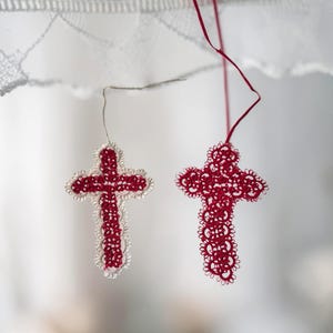 Hand Tatted Lace Cross Ornaments Red & White Christian Christmas Religious Decor Set”