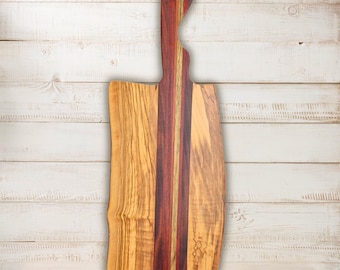 Handmade Olive Wood Charcuterie Serving Board with Purpleheart & Padauk Inlay