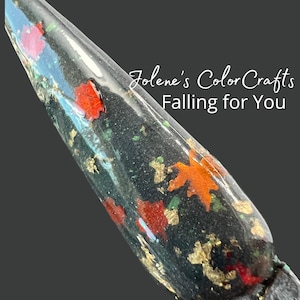Black Glitter Dip Powder Nails with Foil Leaves - Long-Lasting Acrylic - Stunning Color