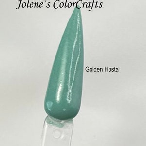 Könnte beinhalten: Nahaufnahme eines hellgrünen Nagellack-Farbmusters auf einem durchsichtigen Applikatorstab. Der Text "Golden Hosta" ist unter dem Muster sichtbar.