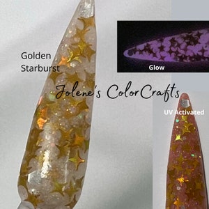 Glow in the Dark Dip Powder for Nails - UV Glow Gold Stars - Acrylic Dipping Powder
