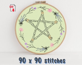 Wicca Pentacle with Flowers - Cross Stitch Pattern Download Printable PDF