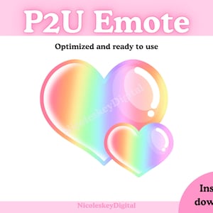 Può includere: Una grafica digitale che mostra due forme di cuore lucide color arcobaleno con riflessi bianchi. Il testo P2U Emote, Optimized and ready to use, e NicoleskeyDigital appaiono sull'immagine. Lo sfondo è di colore rosa tenue.
