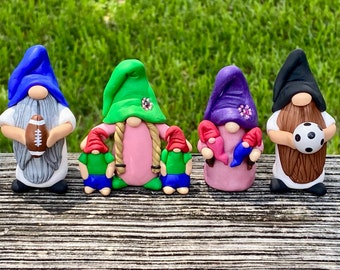 Puede incluir: Cuatro figuras de gnomos caprichosos. Cada gnomo lleva un sombrero de diferente color y sostiene un objeto relacionado con el deporte: un balón de fútbol americano, dos niños, un par de peces y un balón de fútbol. Fondo verde borroso.