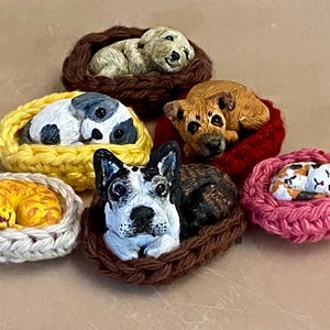 Personalized Custom Pet Figurine in Crocheted Pet Bed. Customized Pet Replica. Pet Memorial Gift. Mini Pet Figurine. Mini Clay Dog or Cat.