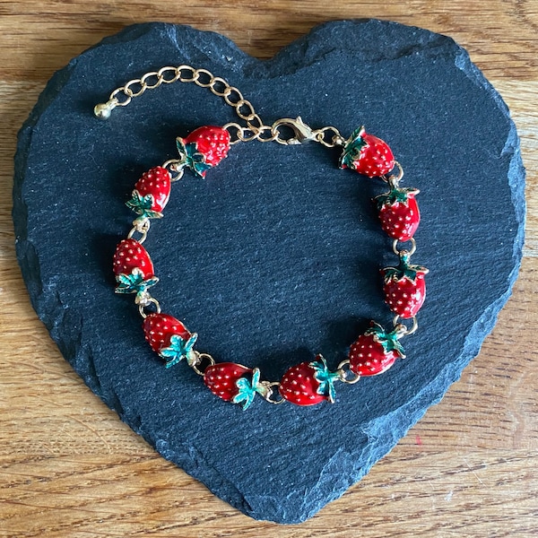 Beautiful enamel Strawberries/Strawberry bracelet, heavy quality bracelet with extender chain