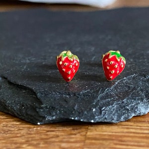 Sterling Silver Strawberry/Strawberries enamel earrings/studs gold or silver