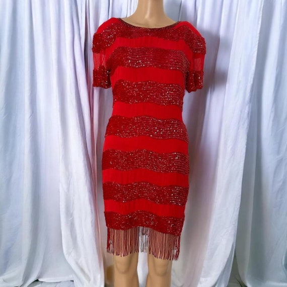 Red Beaded Silk Fringe Dress - image 1