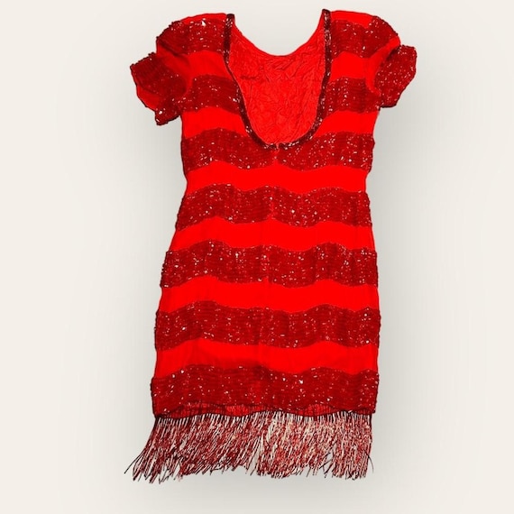 Red Beaded Silk Fringe Dress - image 3