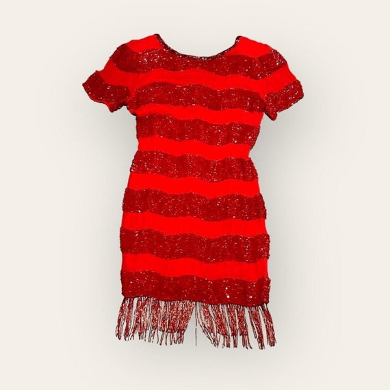 Red Beaded Silk Fringe Dress - image 2