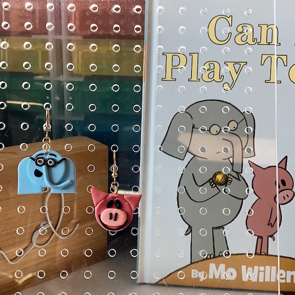 handcrafted polymer clay earrings + teacher + elephant & piggie + books + gold plated + hypoallergenic + clay earrings