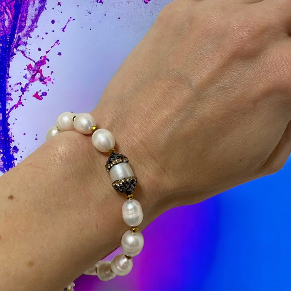 Klassisches elegantes Perlenarmband Armband grosse Perlen Süsswasserperlen Perle besetzt mit Strass-Steinen