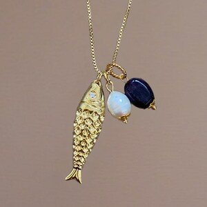 Vergoldete Kette mit Fischanhänger, Perlenanhänger & Amethystanhänger, Halskette für Damen, Goldkette mit Anhänger, Kette mit Anhänger