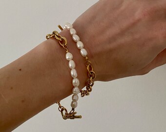 Kombiniertes Armband aus Perlen und Goldkette, vergoldete Kette Armband Süßwasserperlen, Armband aus Goldkette und natürlichen Perlen