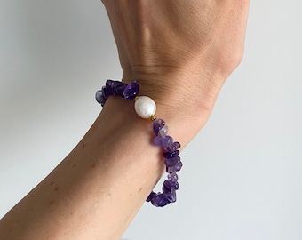 Braçadeira de Ametista, Braçadeira Süsswasserperlen, Braçadeira Natursteine Geschenk für Tochter, Braçadeira Perlen, natürlicher Braçadeira Ametista Naturstein