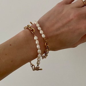 Kombiniertes Armband aus Perlen und Goldkette, vergoldete Kette Armband Süßwasserperlen, Armband aus Goldkette und natürlichen Perlen