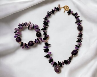 Ensemble de brassards et de musettes Schmuckset Schmuck Amethyst Charoit Hypersthen Natursteine Edelsteine Heilsteine Geschenk für Frau