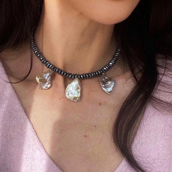 Sale massive lange Halskette mit Anhänger Natursteine Perlenkette Chocker Hämatit 3 große Naturperlen Schmuck Geschenk für Frau Geburtstag