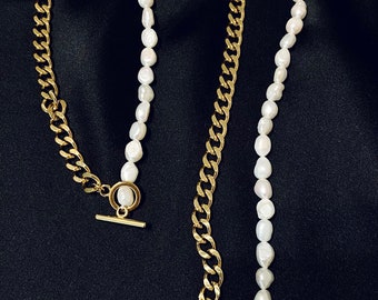 Combinatie van perlenkette dicke vergoldete Halsket Trend Geschenk voor vrouw Weihnachtsgeschenk Trendschmuck old money style